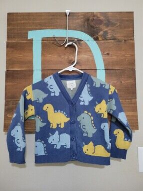 Hux Kids Blue Dinosaur Organic Sustanable Cotton Cardigan Sweater Size 4t